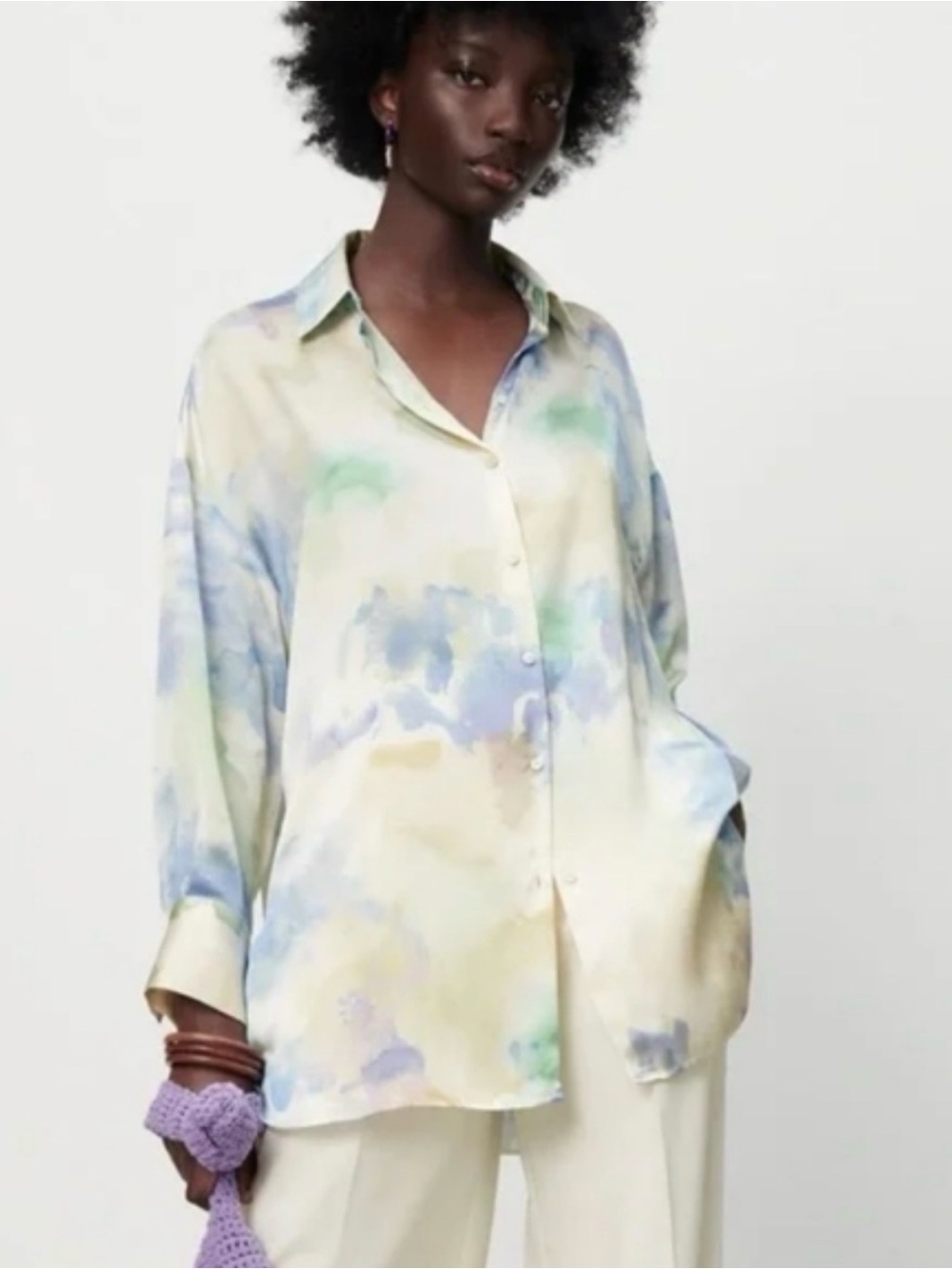 Zara Relaxed Silk-Blend Watercolor Print Button-Up Top